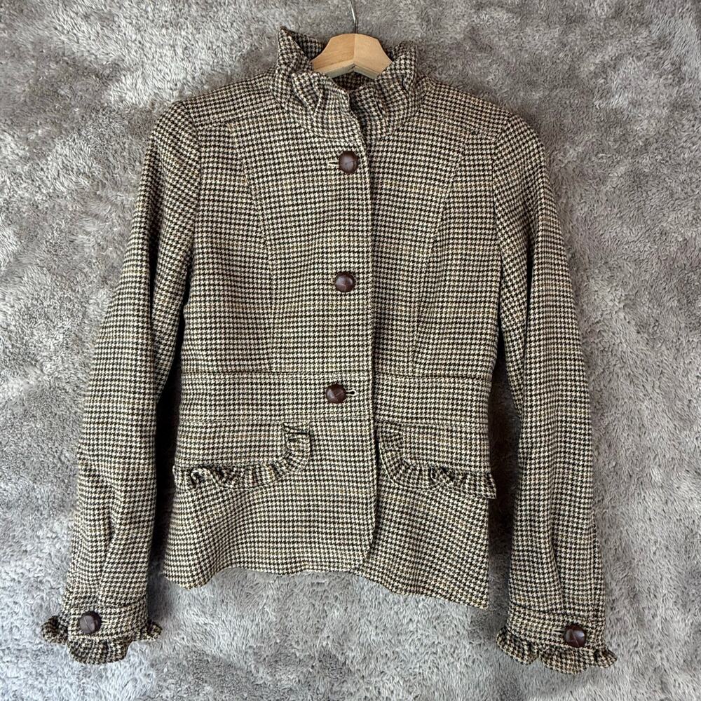 J. Crew Houndstooth Plaid Ruffle Wool Blend Blazer Jacket Brown Tan Beige S